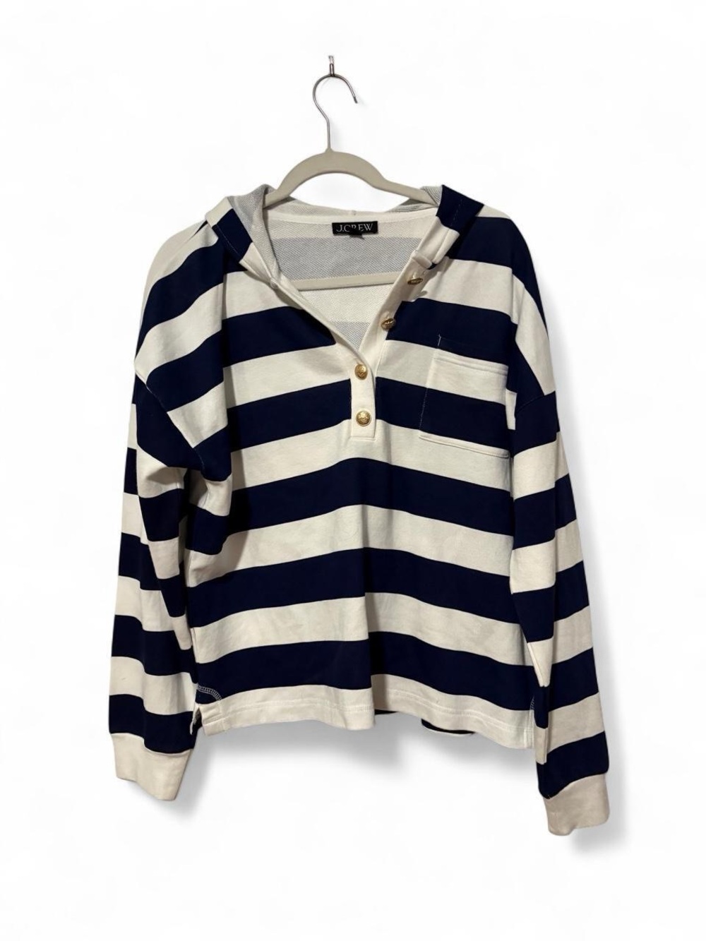 J.Crew white and navy striped long sleeve shirt with hood, size L